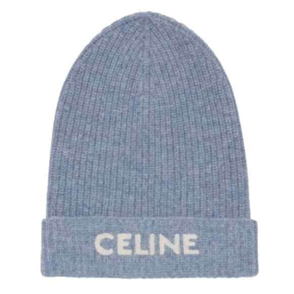 Celine Paris Cloudy Blue White Logo Laine Wool Knit Beanie Winter Hat One Size - Picture 1 of 10